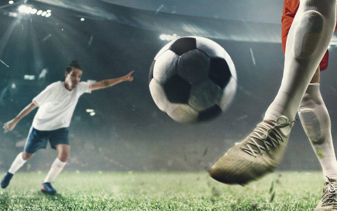 Close-up football or soccer players at stadium - motion, action, activity concept. Flyer for ad, design.