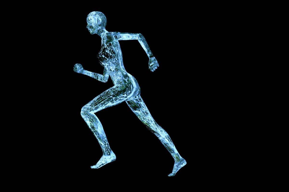 a blue human running on a black background